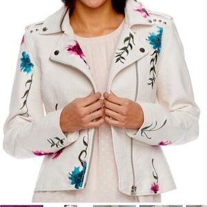 Candies faux leather jacket with floral embroidery